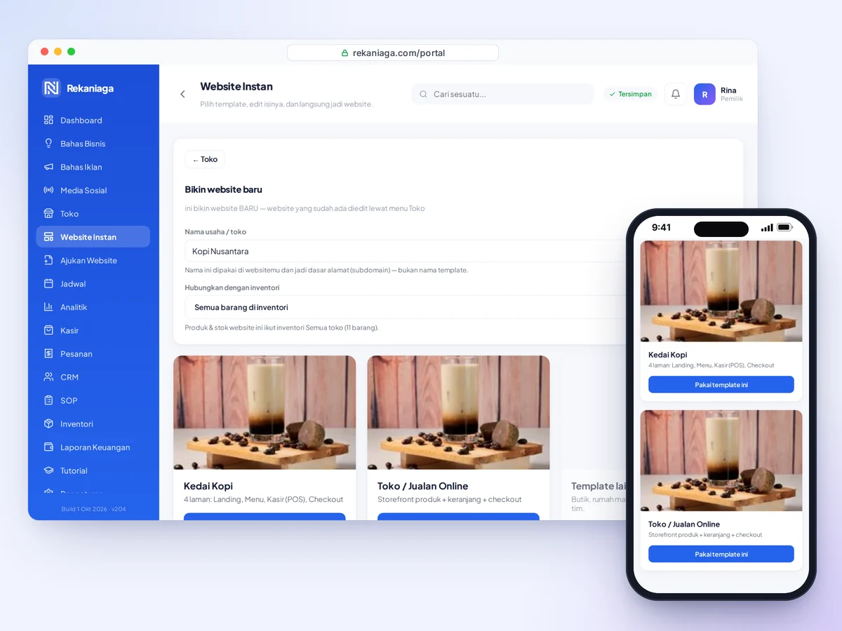 Website Instan Rekan Niaga - isi nama usaha, hubungkan dengan inventori